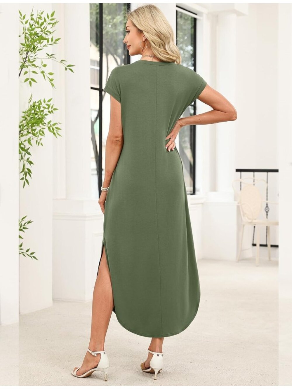 Women's Army Green Cap Sleeve Crewneck Casual Long Summer Pull On Maxi Dress - Picture 5 of 5